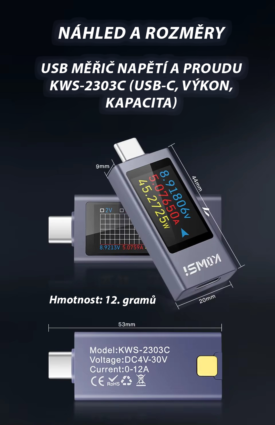 USB měřič napětí a proudu KWS‑2303C (USB‑C, výkon, kapacita) Náhled a rozměry 