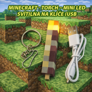 Minecraft Torch mini LED klíčenka – USB nabíjecí světlo na klíče, pixelový design inspirovaný hrou Minecraft.